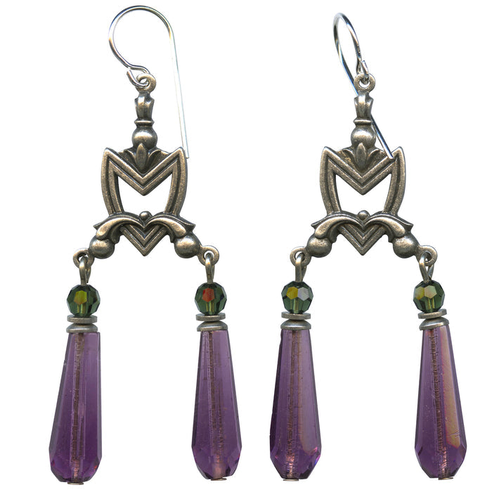 Amethyst Czech glass and Austrian crystal earrings from Owen Glass Collection, featuring elegant dangling design with vibrant purple hues.