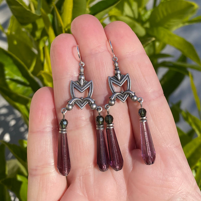 Amethyst Czech glass and Austrian crystal earrings from Owen Glass Collection, featuring elegant, faceted gemstone designs.