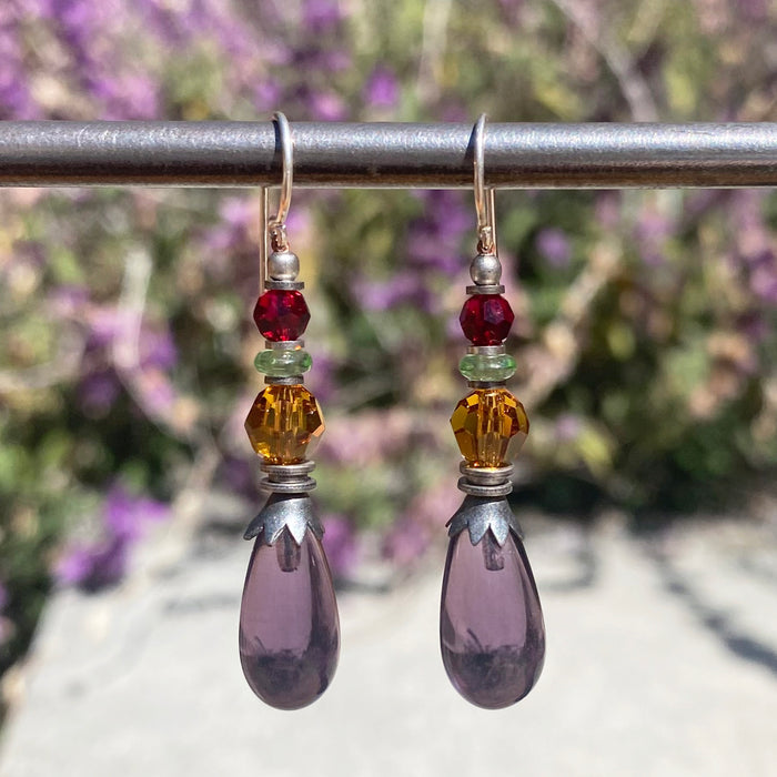 Owen Glass Collection earrings with intricate glass design, featuring elegant, colorful glass drops and silver hooks for a stylish look.
