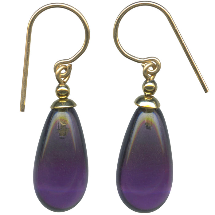 Amethyst German glass and gold dangle earrings from Owen Glass Collection with bright, colorful design and elegant gold hooks.