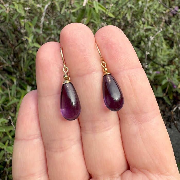 Amethyst German glass and gold dangle earrings from Owen Glass Collection, featuring vibrant purple stones and elegant gold accents.