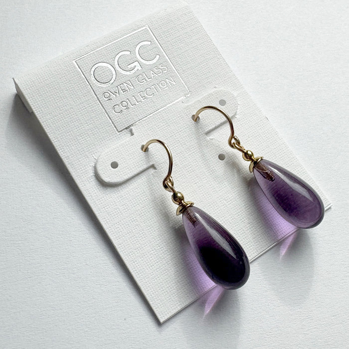 Amethyst German glass and gold dangle earrings from Owen Glass Collection with bright, colorful design and elegant craftsmanship.