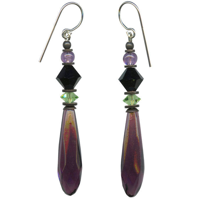 Amethyst German glass prism earrings from Owen Glass Collection featuring faceted purple glass with silver-tone hooks.