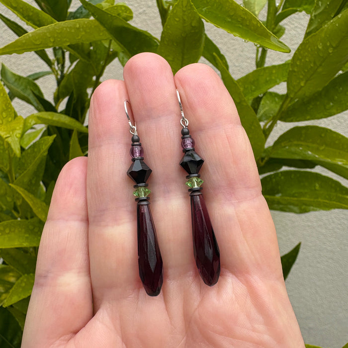Owen Glass Collection Amethyst German glass prism earrings with faceted purple crystals and silver hooks, elegant jewelry accessory.