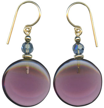 Owen Glass Collection Windows 19 earrings featuring amethyst glass, indigo crystal, and gold accents with a window-inspired design.