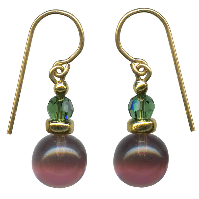 Amethyst and tourmaline crystal drop earrings with glass bubbles from Owen Glass Collection, featuring vibrant gemstone accents.