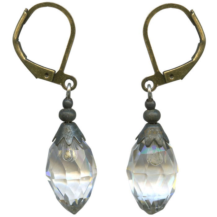 Antique clear Czech glass drop earrings from Owen Glass Collection with brass hooks, showcasing elegant, vintage-inspired jewelry design.