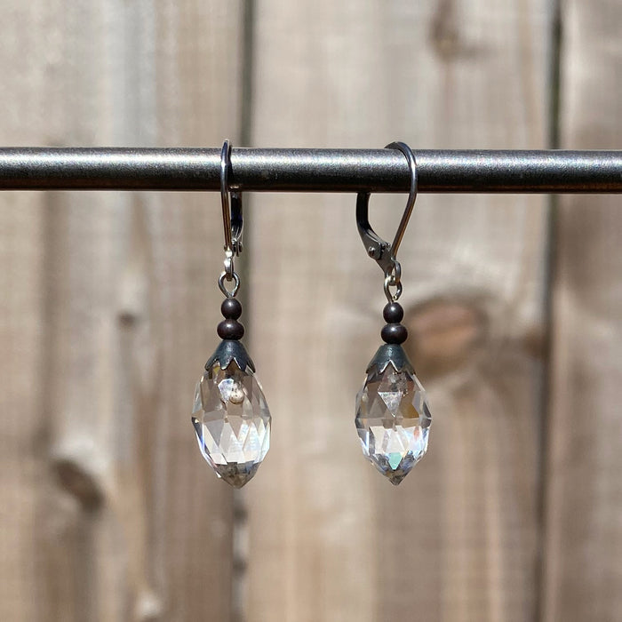 Antique clear Czech glass drop earrings from Owen Glass Collection featuring elegant, faceted glass teardrops.