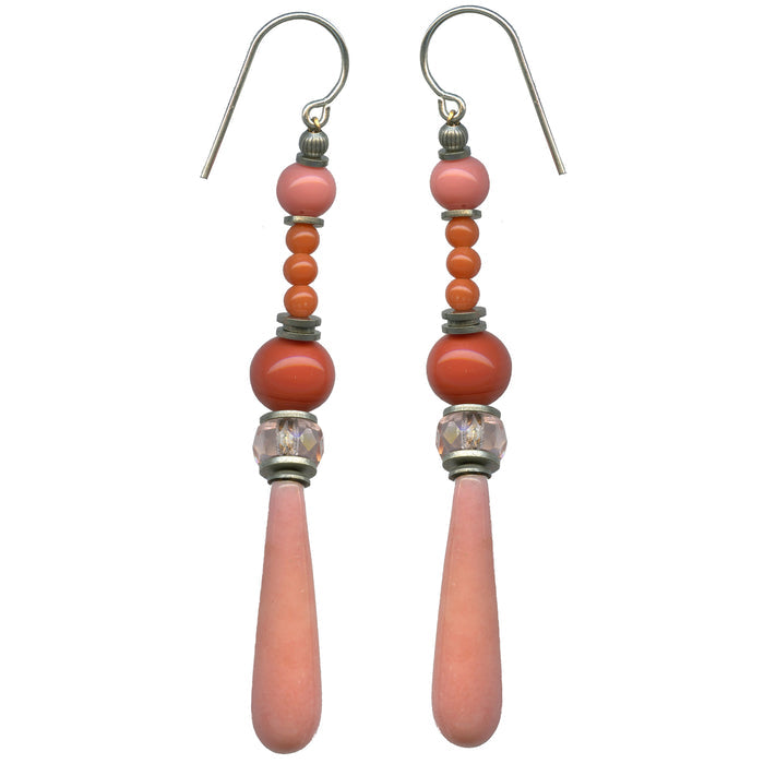 Antique coral and peach Czech glass drop earrings from Owen Glass Collection featuring elegant, handcrafted jewelry design.
