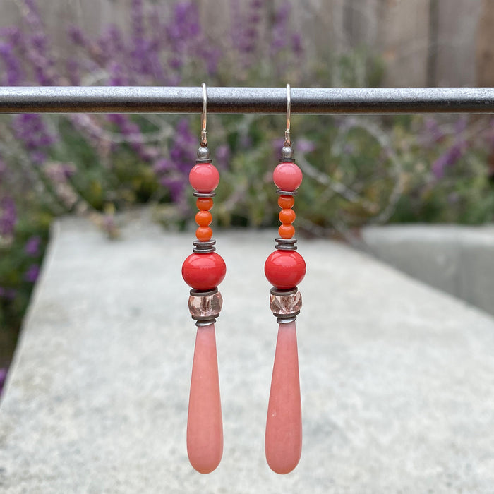 Antique coral and peach Czech glass drop earrings from Owen Glass Collection, featuring elegant handcrafted jewelry design.