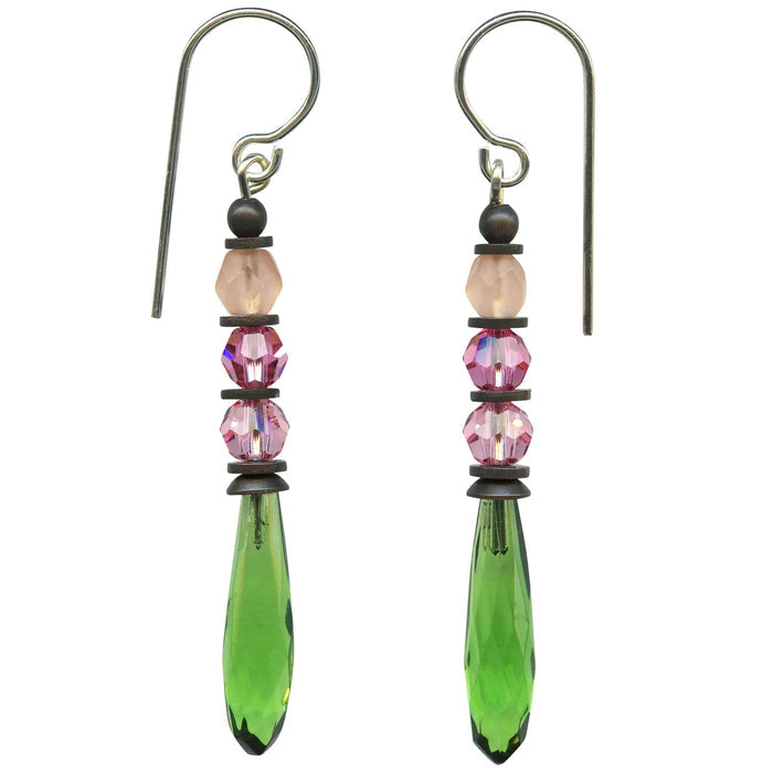 Antique Czech glass earrings with green and pink prism drops from Owen Glass Collection, featuring delicate petite design.