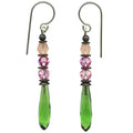 Antique Czech glass earrings with green and pink prism drops from Owen Glass Collection, featuring delicate petite design.