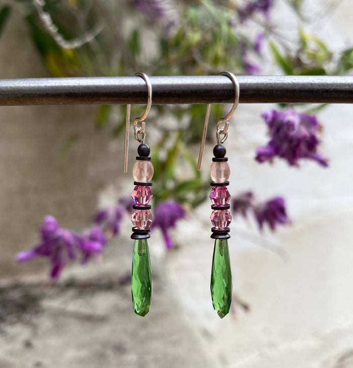 Antique Czech glass drop earrings with green and pink prism beads from Owen Glass Collection, featuring delicate dangle design.