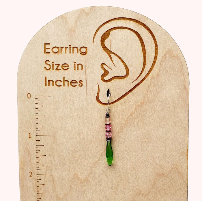 Antique Czech glass earrings with green and pink prism drops from Owen Glass Collection featuring petite, elegant dangle design.