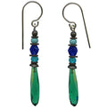 Antique Czech glass teal prism drop earrings from Owen Glass Collection with petite, elegant design and faceted teal glass drops.