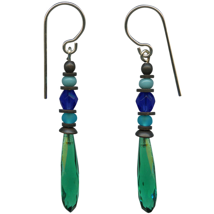 Antique Czech glass teal prism drop earrings from Owen Glass Collection with petite, elegant design and faceted teal glass drops.