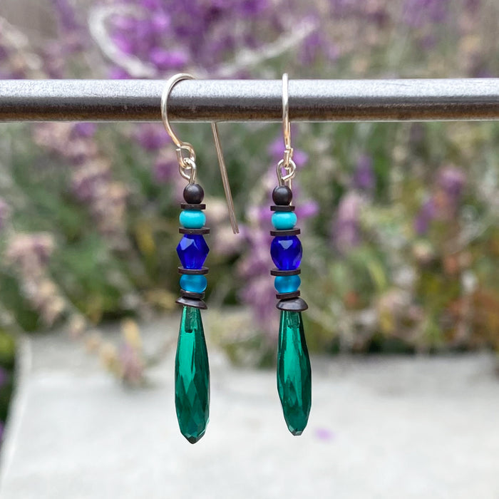 Antique Czech glass teal prism drop earrings from Owen Glass Collection, featuring delicate petite design and intricate craftsmanship.