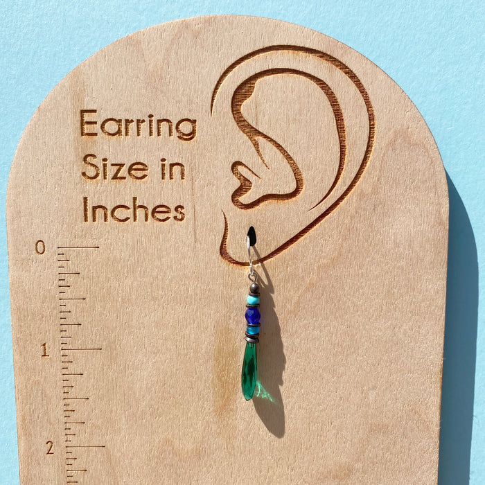 Antique Czech glass teal prism drop earrings from Owen Glass Collection, featuring delicate petite design with faceted glass drops.