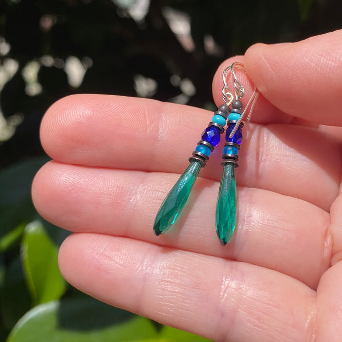Antique Czech glass teal prism drop earrings from Owen Glass Collection, featuring petite 3 design with faceted glass drops.