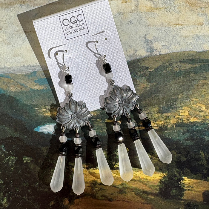 Antique frosted white Czech glass chandelier earrings with floral design from Owen Glass Collection, featuring intricate white flower details.
