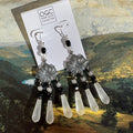 Antique frosted white Czech glass chandelier earrings with floral design from Owen Glass Collection, featuring intricate white flower details.