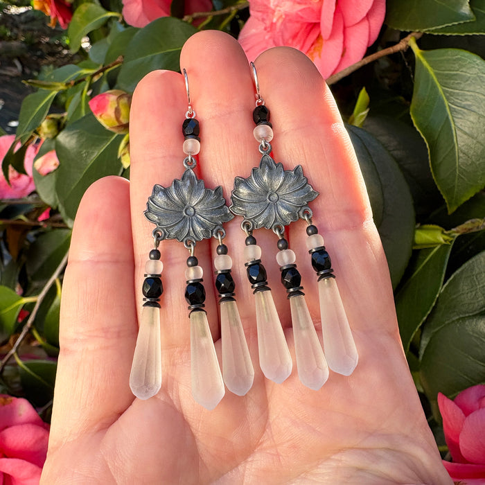 Antique frosted white Czech glass chandelier earrings with floral design from the Owen Glass Collection, featuring intricate white floral details.