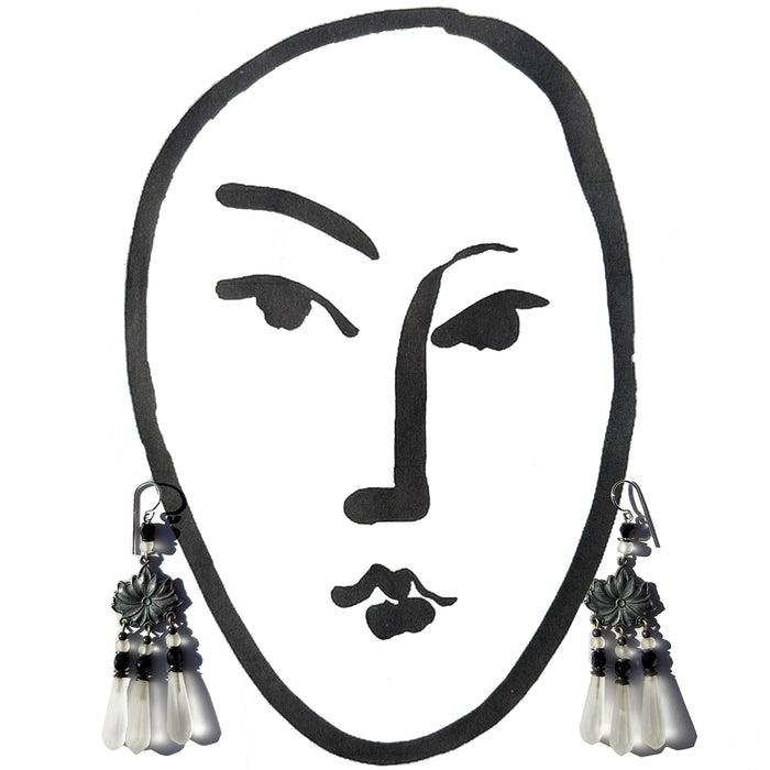 Frosted white Czech glass chandelier earrings from Owen Glass Collection featuring intricate white floral design.