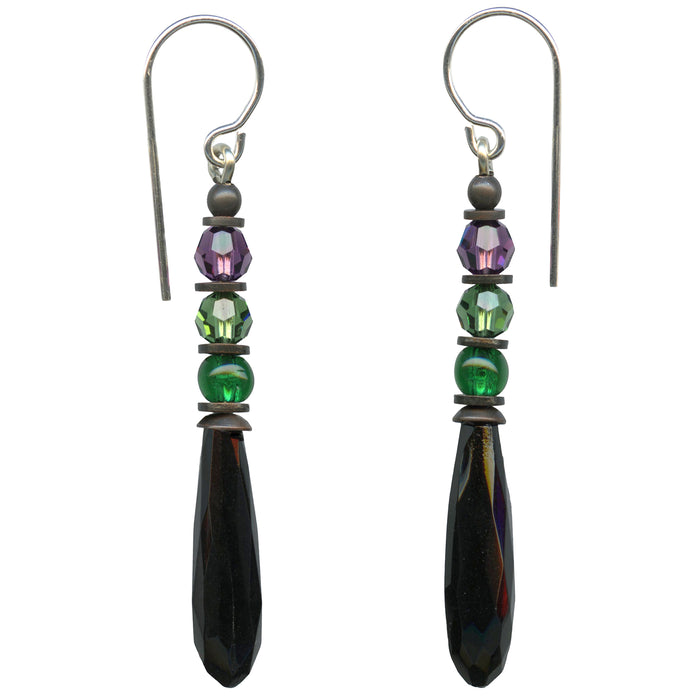 Antique Jet Czech glass prism earrings from Owen Glass Collection with small, elegant faceted design.