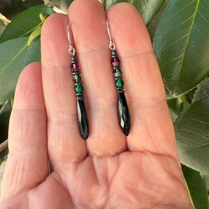 Antique Jet Czech Glass Prism Earrings from Owen Glass Collection, featuring small, faceted glass pendants with vintage style.