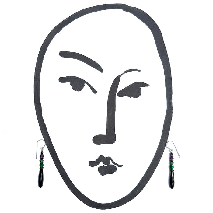 Antique Jet Czech Glass Prism Earrings "Petites 6" by Owen Glass Collection featuring small, faceted black glass dangle earrings.