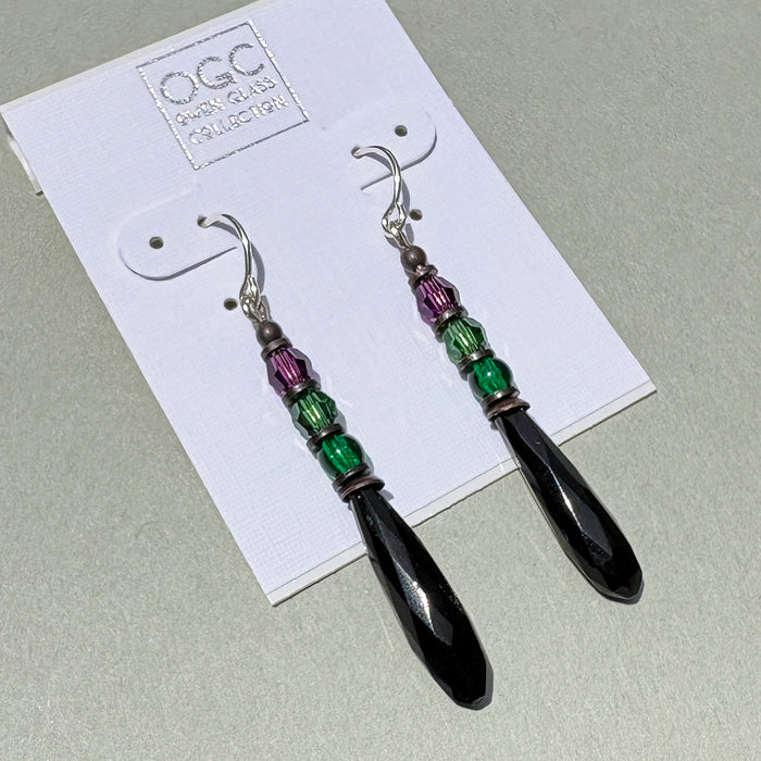 Antique Jet Czech Glass Prism Earrings from Owen Glass Collection, showcasing small, faceted earrings with vintage-inspired design.