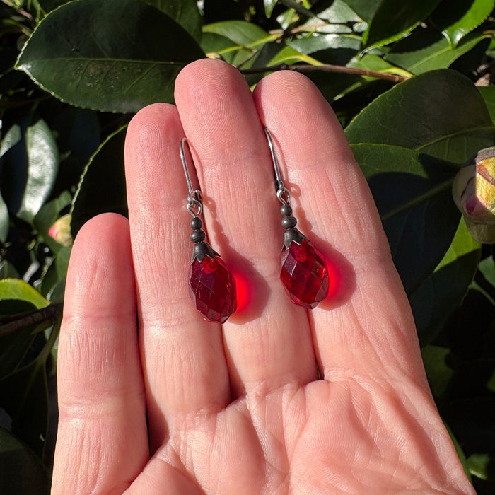Antique red Czech glass drop earrings from Owen Glass Collection with elegant, teardrop-shaped glass beads.