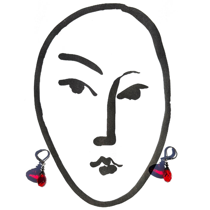 Antique red Czech glass drop earrings by Owen Glass Collection featuring elegant, teardrop-shaped glass beads.