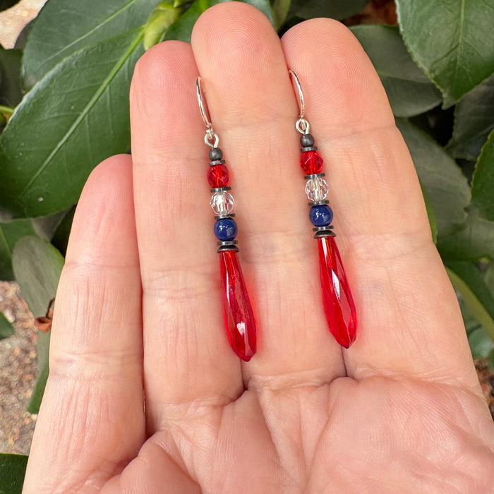 Antique red Czech glass prism earrings from Owen Glass Collection, featuring petite, faceted glass drops with brass hooks.
