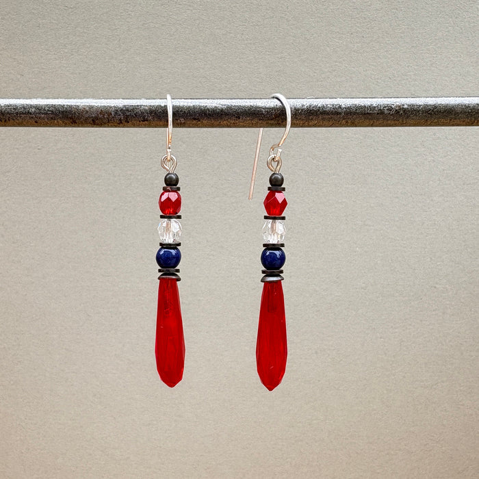 Antique red Czech glass prism earrings from Owen Glass Collection, petite size with faceted teardrop shape, elegant jewelry accessory.