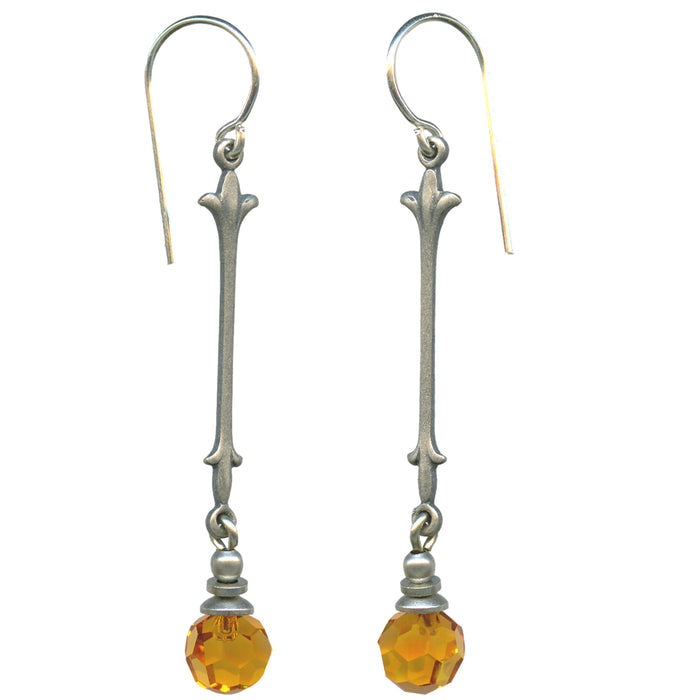 Antique Topaz Czech glass drop earrings from Owen Glass Collection with elegant, elongated design and intricate detailing.