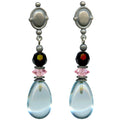 Aquamarine glass and pink crystal post earrings from Owen Glass Collection, featuring elegant raindrop design.