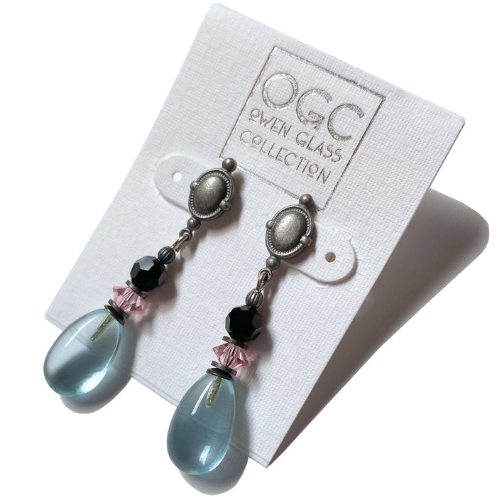 Aquamarine glass and pink crystal post earrings from Owen Glass Collection featuring elegant raindrop design.
