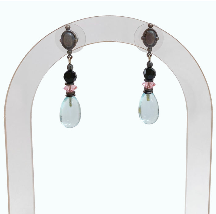 Aquamarine glass and pink crystal post earrings from Owen Glass Collection with elegant raindrop design.