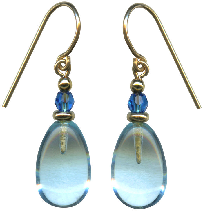 Gold earrings featuring aquamarine glass and turquoise crystal raindrop designs from Owen Glass Collection, elegant and eye-catching.