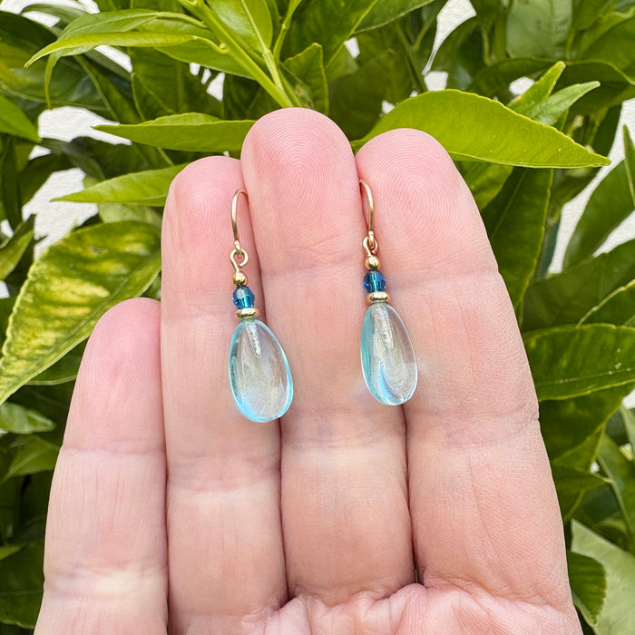 Aquamarine glass and turquoise crystal gold earrings from Owen Glass Collection with raindrop design, elegant jewelry accessory