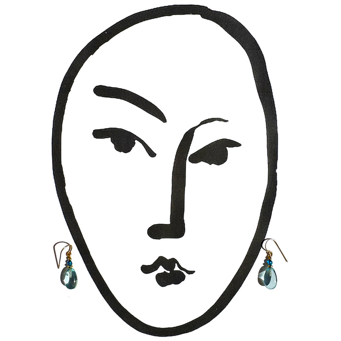 Owen Glass Collection aquamarine glass and turquoise crystal gold earrings with raindrop design, elegant jewelry accessory.