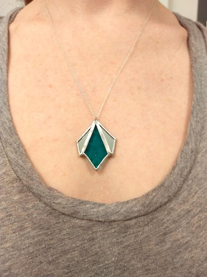 art deco diamond 3-piece stained glass and mirror pendant necklace