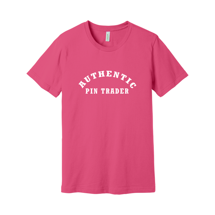 Pink t-shirt with 'AUTHENTIC PIN TRADER' text