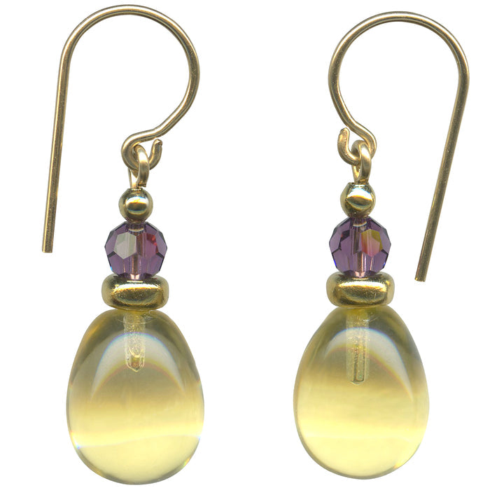 Owen Glass Collection 27-inch yellow glass and gold earrings with banner-inspired design, featuring vibrant glass and elegant gold accents.