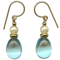 Elegant 40-inch aqua glass, pearl, and gold earrings from Owen Glass Collection featuring intricate design details.