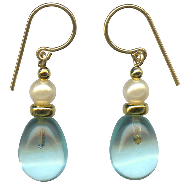 Elegant 40-inch aqua glass, pearl, and gold earrings from Owen Glass Collection featuring intricate design details.