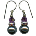 Dark silver glass pearl drop earrings with amethyst crystal accents from Owen Glass Collection, featuring 10-inch bell-shaped design.