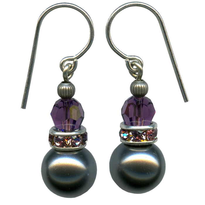 Dark silver glass pearl drop earrings with amethyst crystal accents from Owen Glass Collection, featuring 10-inch bell-shaped design.