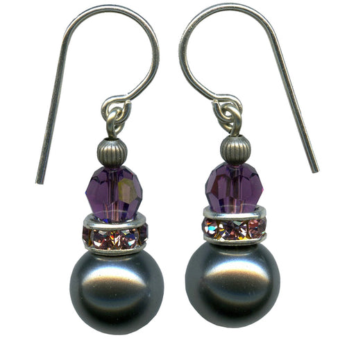 Dark silver glass pearl drop earrings with amethyst crystal accents from Owen Glass Collection, featuring 10-inch bell-shaped design.